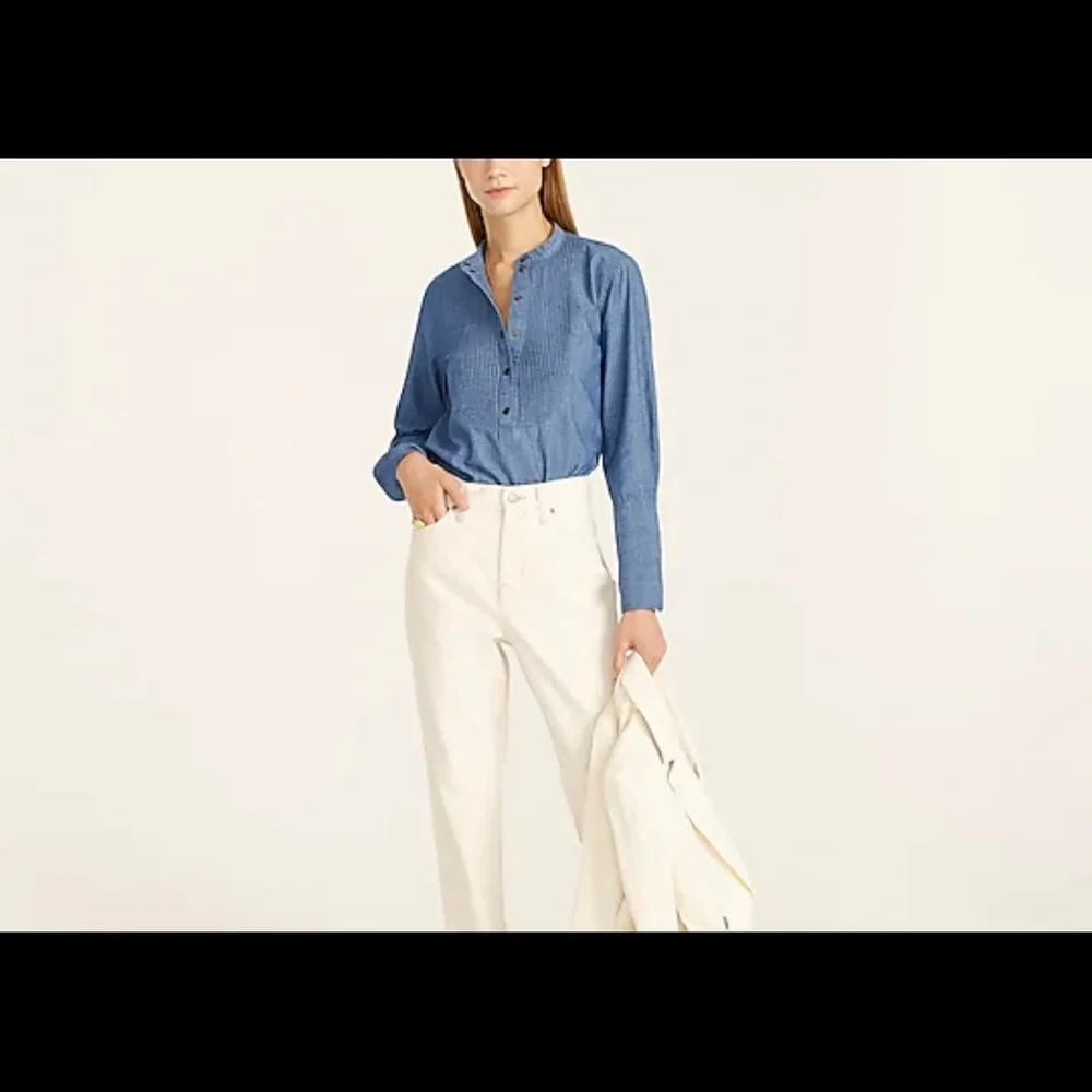J. Crew Light Blue Pintuck Front Denim-Style Blouse